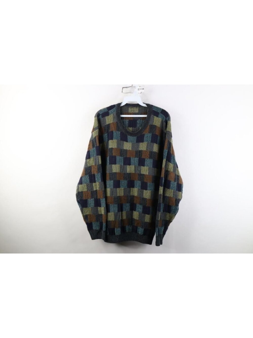 Vintage 90s Streetwear Mens Large Checkered Box Fleece Knit Crewneck Sweater